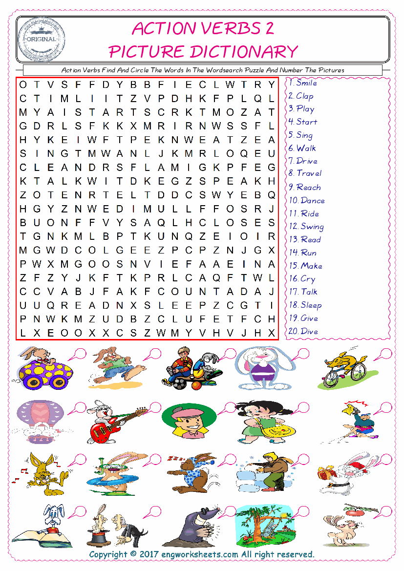  ESL wordsearch worksheets for kids, find Action Verbs words in the word wordsearch write its number on its picture English worksheet. 